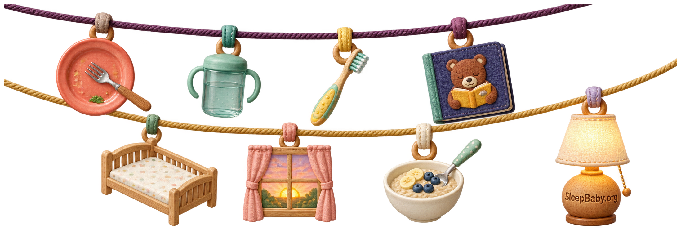 A jewel-like ribbon of a cleared plate, water, toothbrush, bedtime book, cozy bed, sunrise, and breakfast bowl.