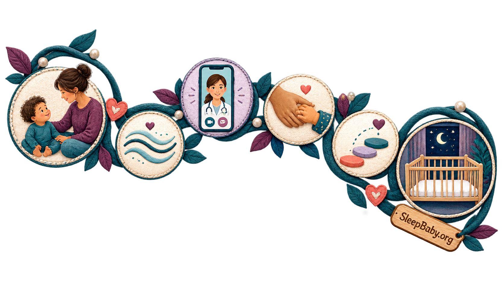 Transparent teal rail joins caregiver reassurance, breathing waves, clinician contact, milestones and an empty crib
