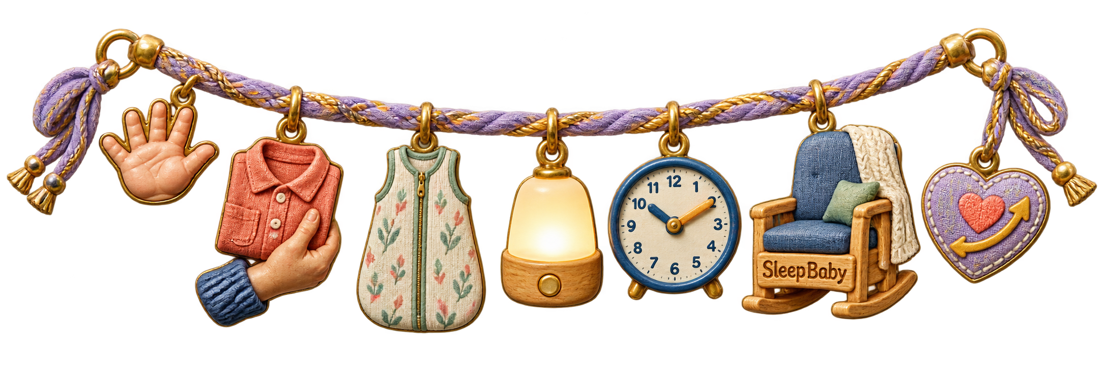 A lavender and gold charm ribbon with an opening baby hand, folded shirt, sleep sack, nightlight, clock, and chair, and heart.