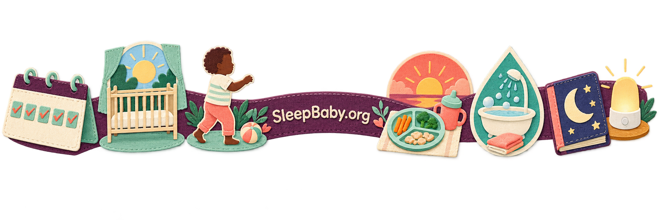 A SleepBaby teaching rail moves from a five-day check and empty crib through food, bath, bedtime book and nightlight.