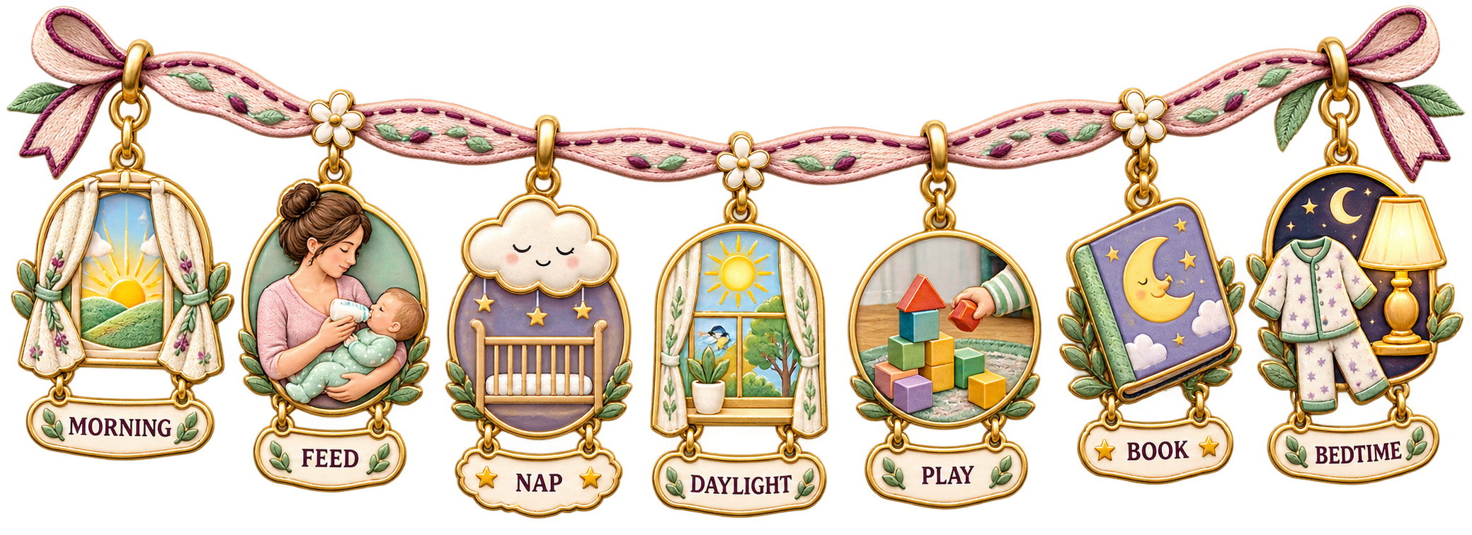 A transparent jewel-like ribbon with seven next-day charms labeled Morning, Feed, Nap, Daylight, Play, Book, and Bedtime.