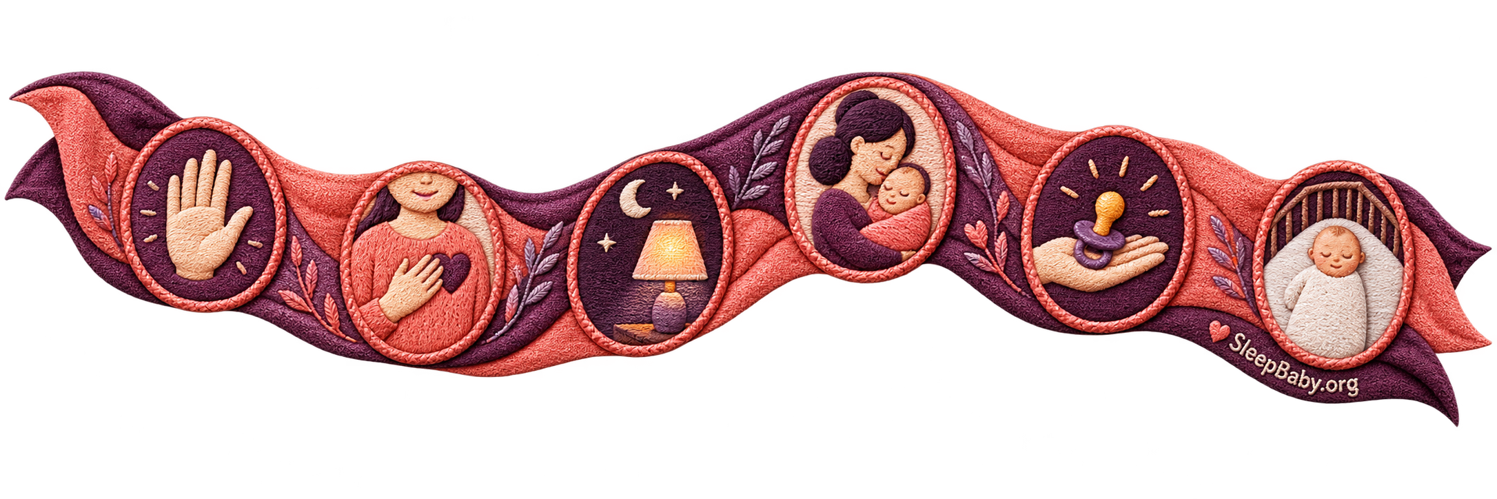 A teaching ribbon showing pause, reassurance, dim light, a cuddle, a pacifier offer, and safe crib sleep