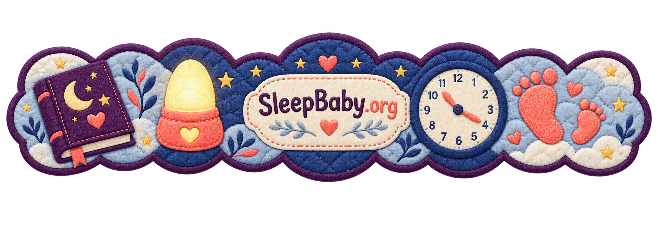 A scalloped quilted band shows a bedtime book, nightlight, clock, and footprints moving toward calm