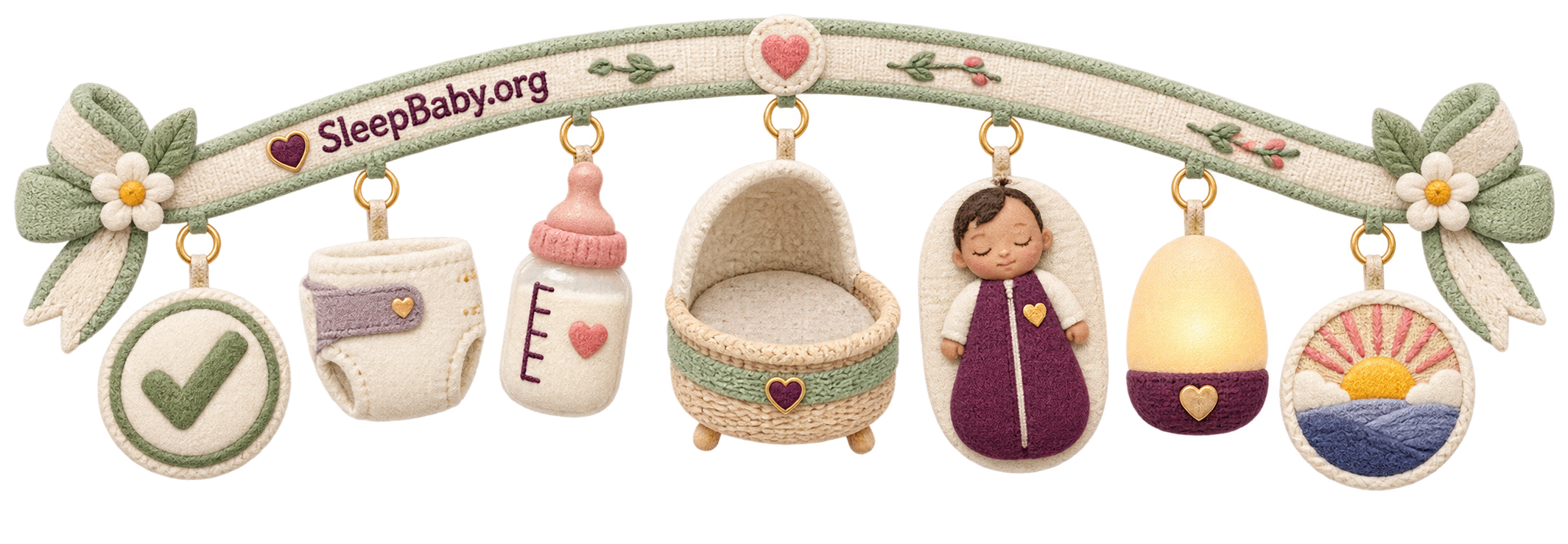 Completed check, folded diaper, feeding cue, empty bassinet, back-sleep silhouette, nightlight, and dawn mark the return to rest