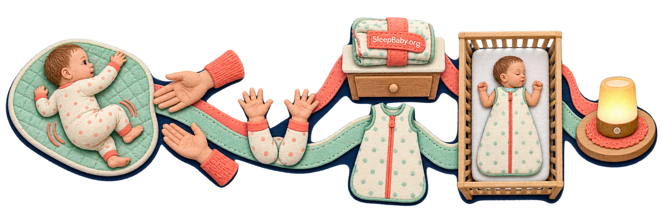 Felt rail shows an awake turning attempt, open caregiver hands, a folded swaddle, an arms-free garment, a bare crib, and a warm lamp.