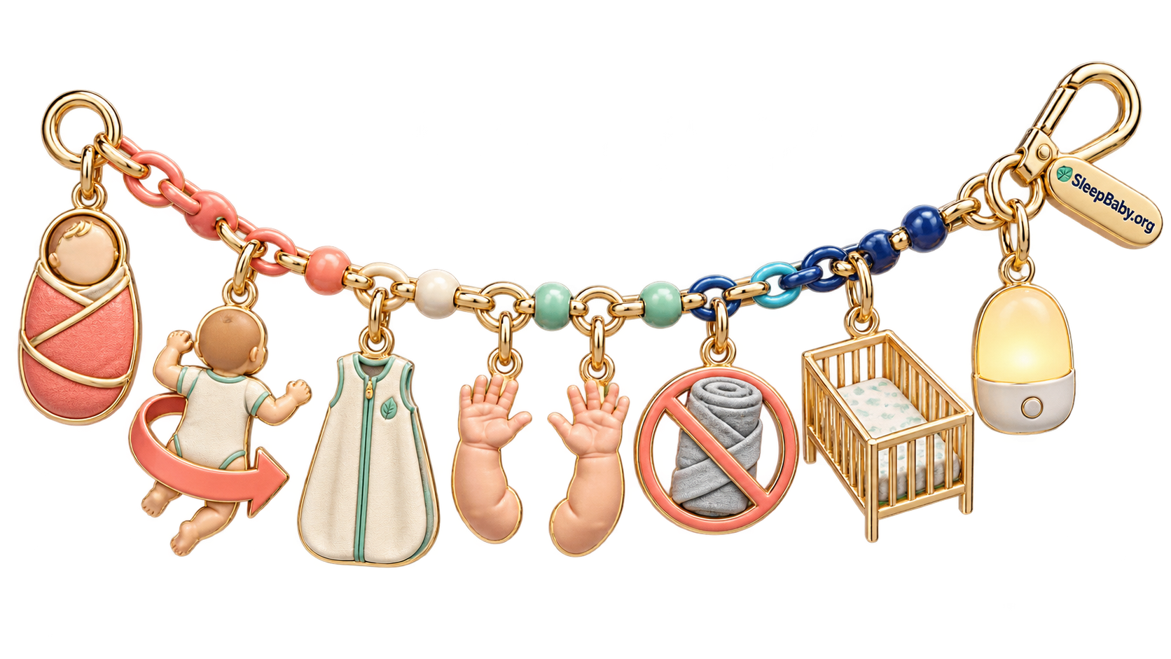 SleepBaby editorial rail showing rolling, two free hands, an arms-free sleep sack, a bare crib, and no swaddle