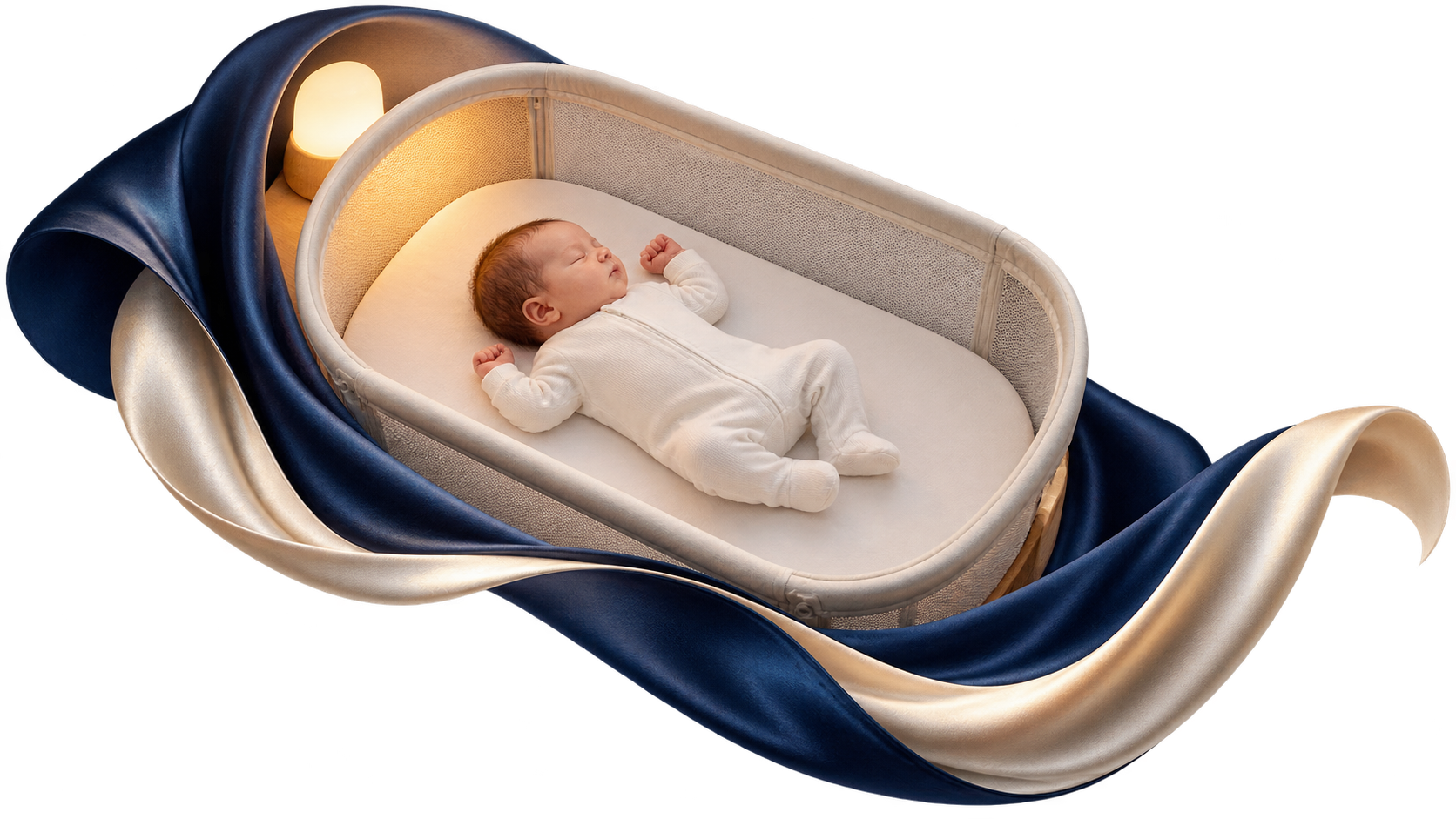 Editorial rail framing a baby placed alone on a firm flat bassinet mattress