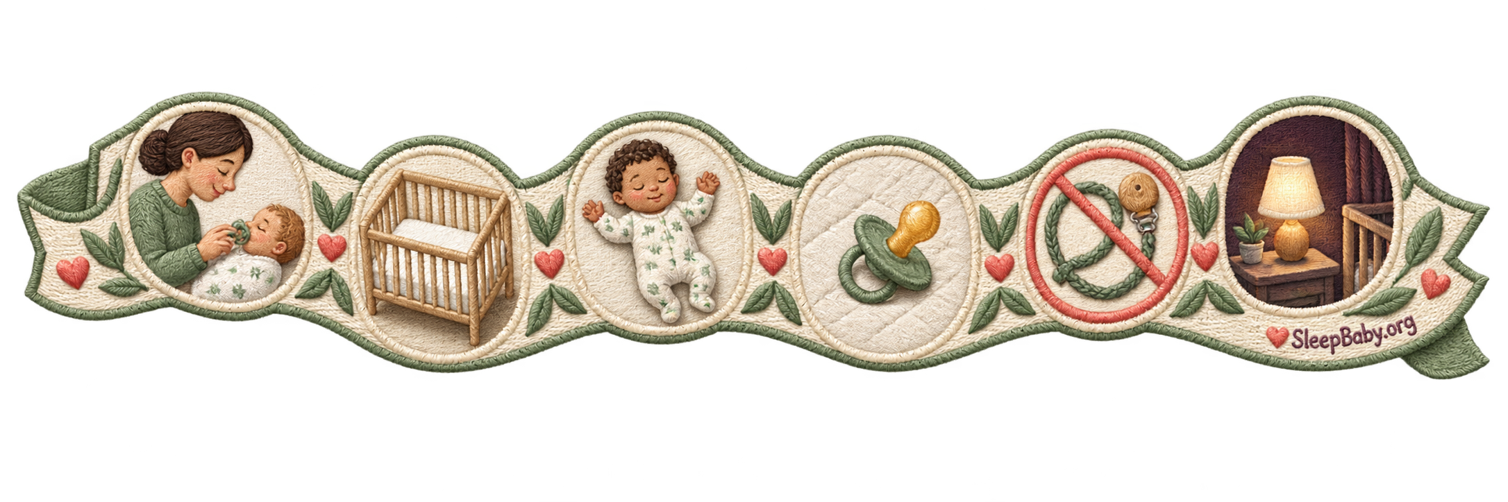 A teaching ribbon showing a loose pacifier, bare crib, back sleeping, and no pacifier cords