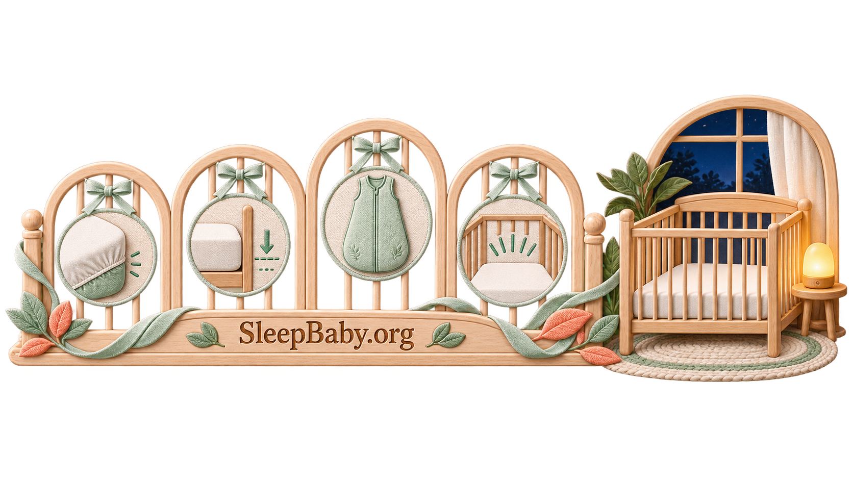 Wooden crib arches show a fitted sheet, lowered mattress, wearable sleep sack, clear space, and empty crib.