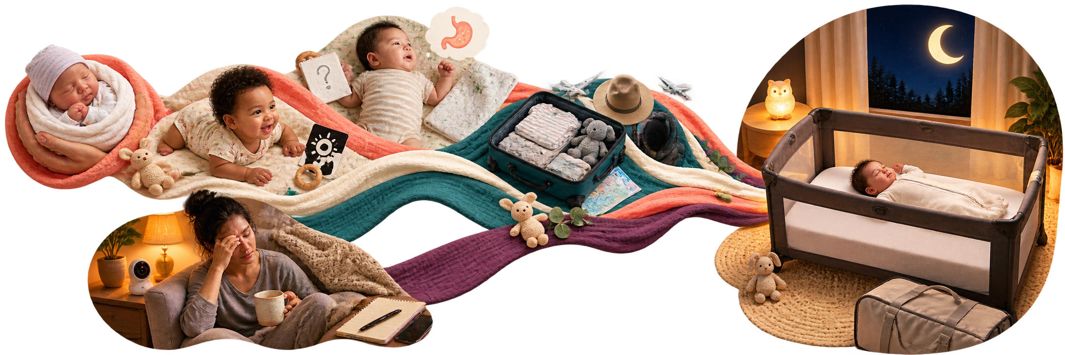 Transparent SleepBaby rail linking newborn, rolling, reflux, travel, and tired-caregiver situations to the same bare sleep space