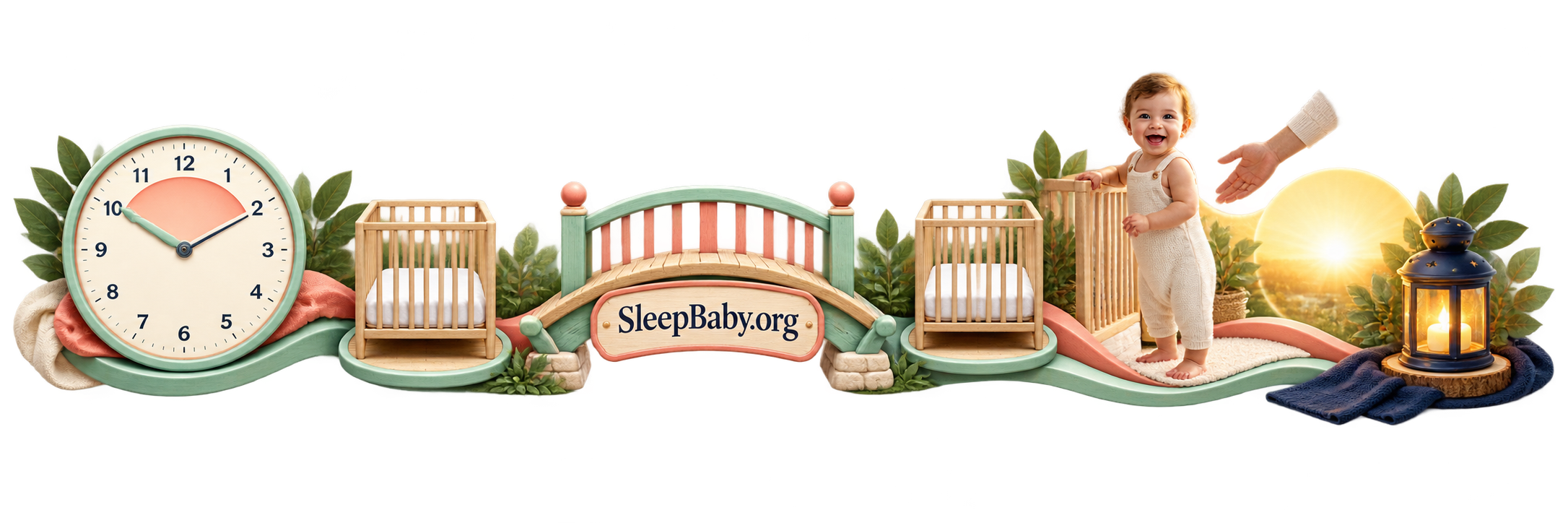 Transparent teaching rail linking a long first-nap clock, two bare cribs, a bridge, an awake standing baby, afternoon light, and a bedtime lantern