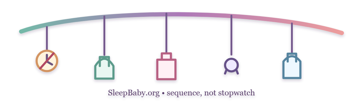 Transparent teaching rail moves from a loosened clock through feeding, soothing and sleep cues