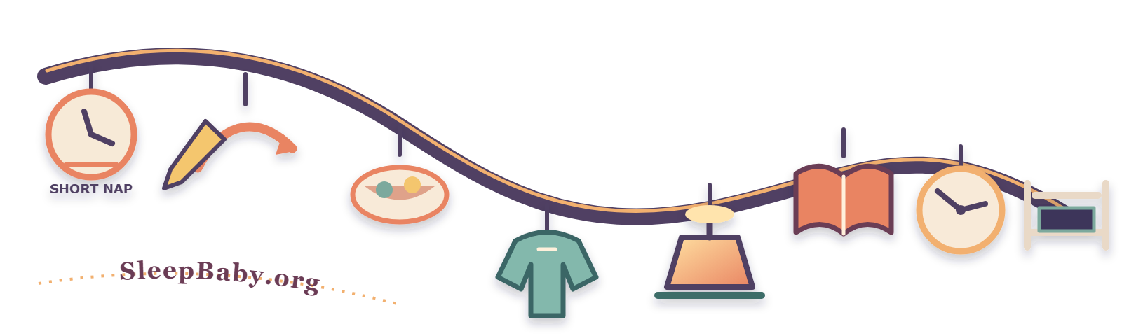 Short nap, bending arrow, dinner, pajamas, lamp, book, earlier clock, and empty crib on a transparent rail.