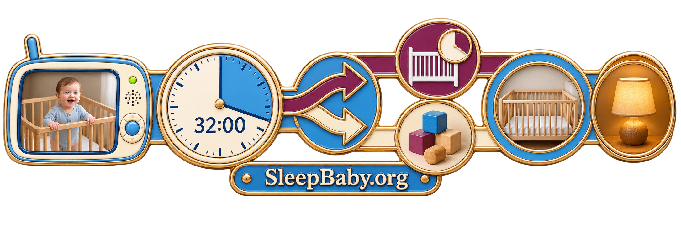 Transparent teaching rail showing an awake baby monitor, a 32-minute nap, a decision fork, calm play, a bare crib, and an earlier bedtime lamp
