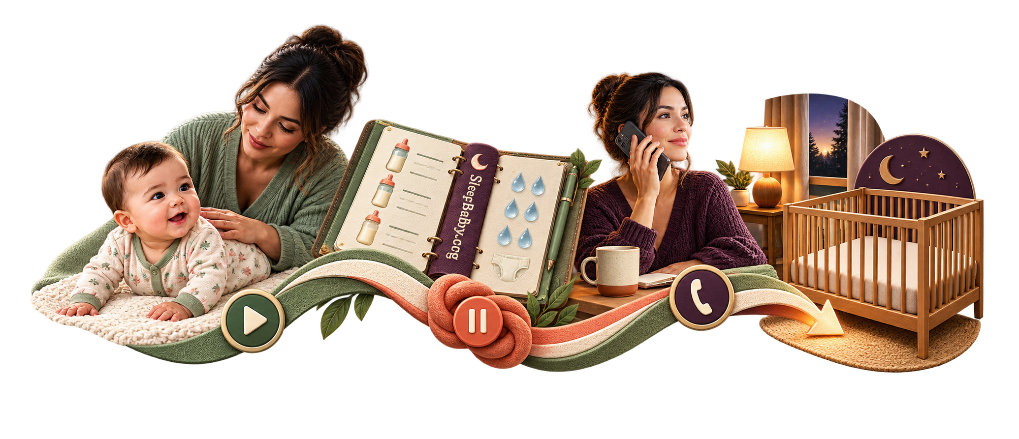 A SleepBaby.org teaching rail moves from an awake bedtime start to feeding and output review, a clinician call, a pre-dawn lamp, and an empty crib after the decision.