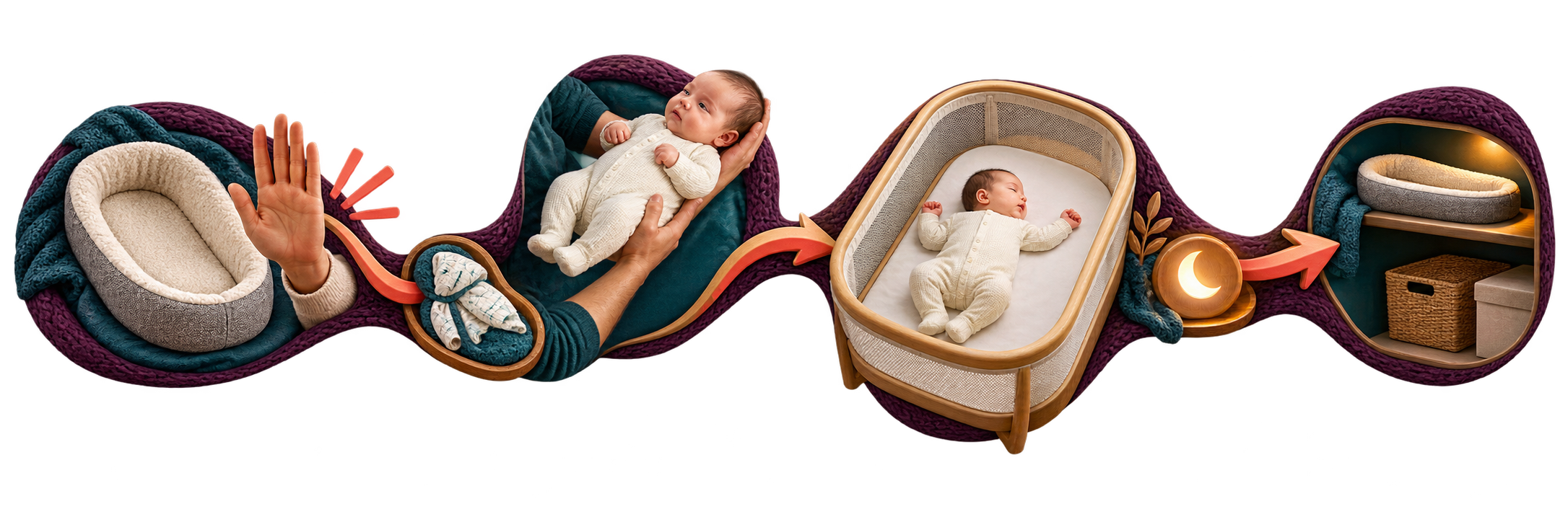 Transparent SleepBaby teaching rail moving from a padded lounger through a careful lift to a bare bassinet and a cleared sleep area