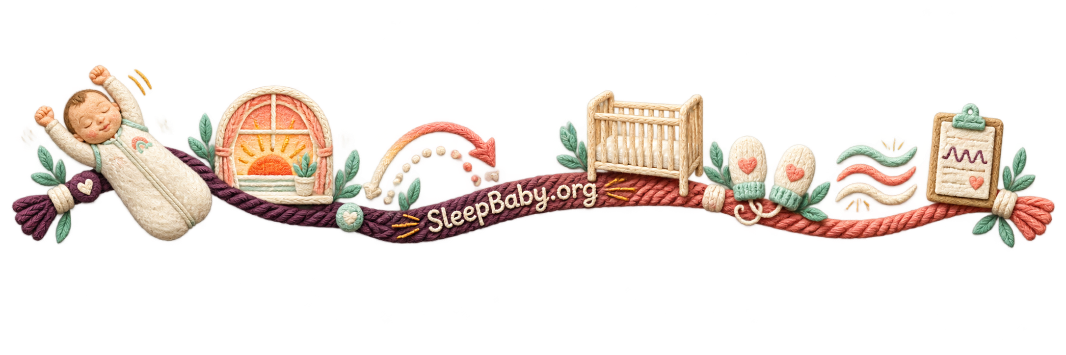 A textile rail links a baby stretch with dawn, symmetry, breathing, and a clear crib.