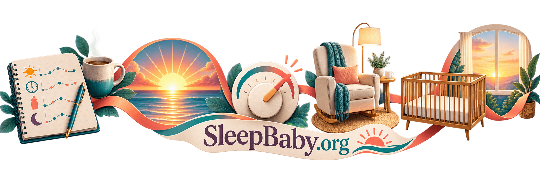 Observation notebook, sunrise, adjustment dial, feeding chair, bare crib and dawn arranged in a reset sequence
