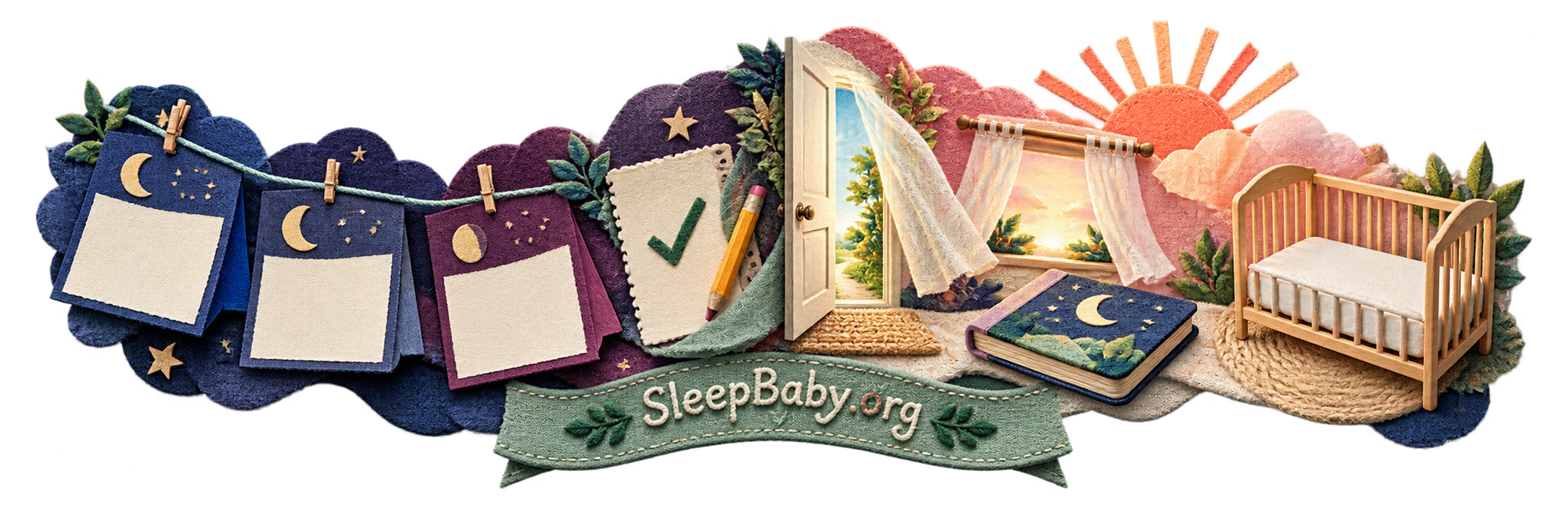 Transparent fabric rail connecting three blank night cards, one check mark, a dawn doorway, morning curtains, bedtime book, and a bare crib