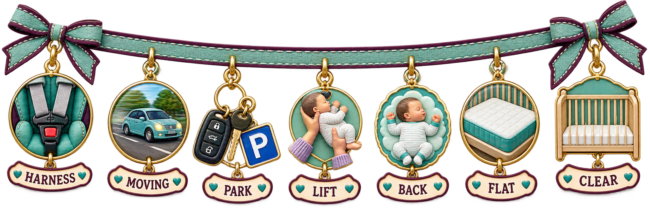 A transparent jewel-like ribbon with seven ride-home charms labeled Harness, Moving, Park, Lift, Back, Flat, and Clear.
