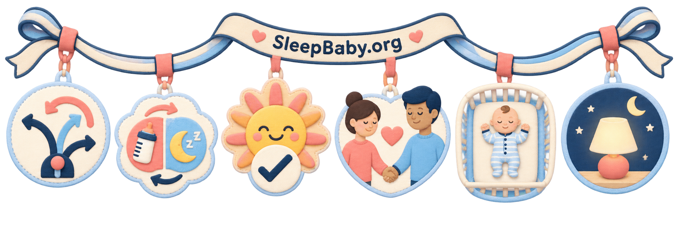 A teaching rail shows one adjustment, separate feed and sleep paths, morning review, teamwork, safe crib sleep, and a night lamp.