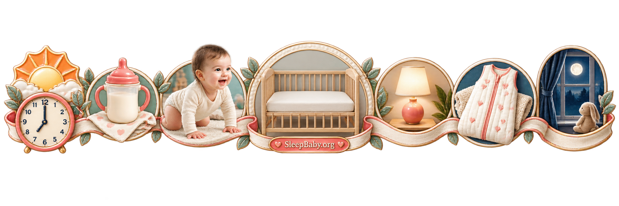Transparent teaching rail connecting morning light, milk, awake play, a bare crib, afternoon light, a sleep sack, and bedtime