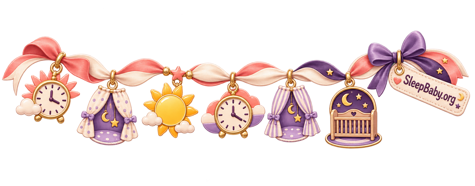 Coral and plum rail with two clocks, nap curtains, midday sun, and dusk crib