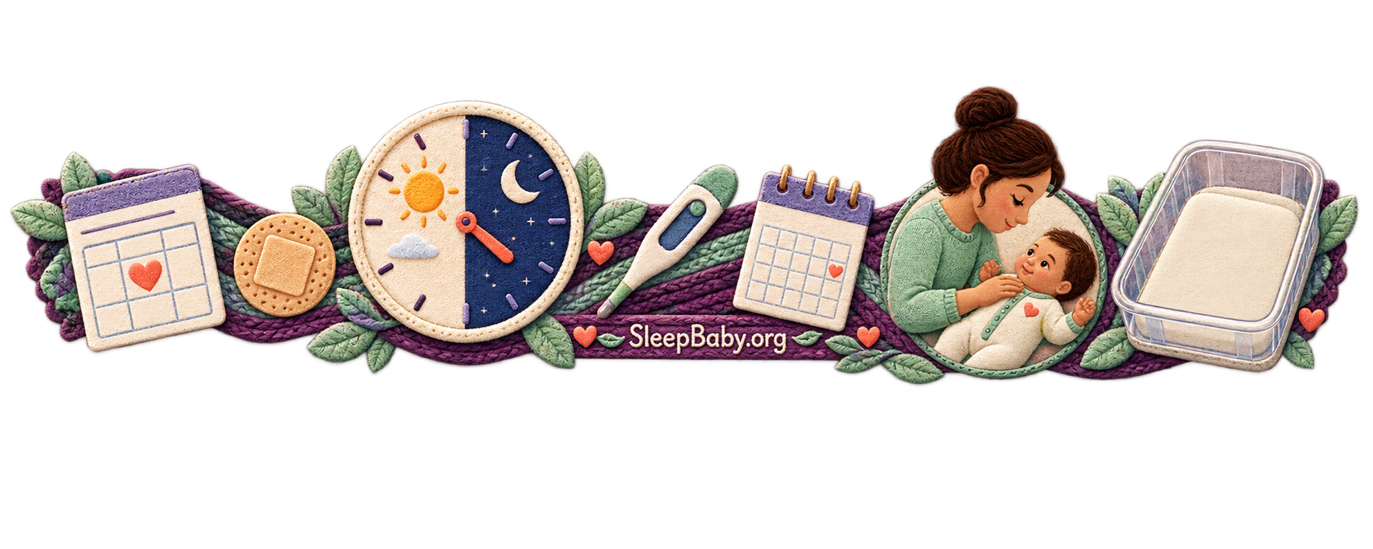 A vaccine appointment moves through a day-to-night clock and caregiver check toward an empty bassinet