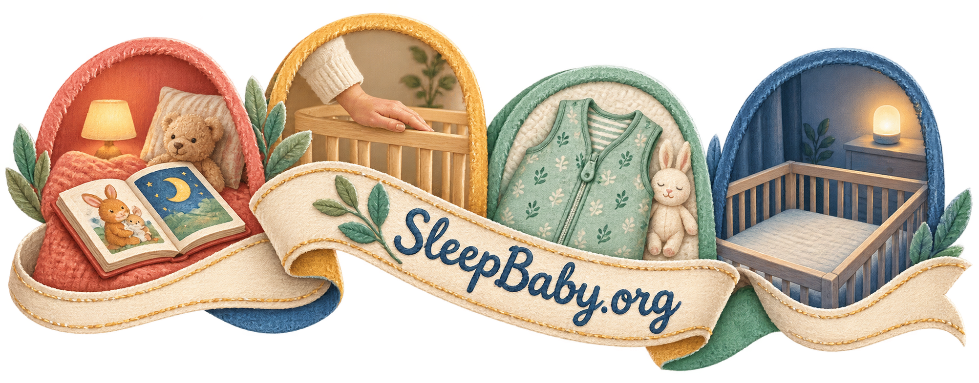 A soft illustrated sequence connects a bedtime book, reassuring hand, sleep sack, and empty crib.