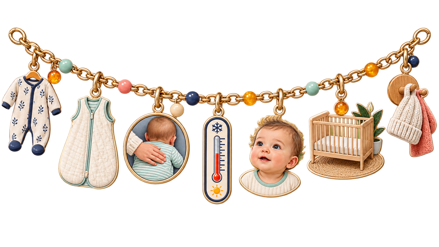 Seven charms show a fitted sleeper, sleep sack, upper-back check, thermometer, uncovered baby, bare crib, and hat on a hook