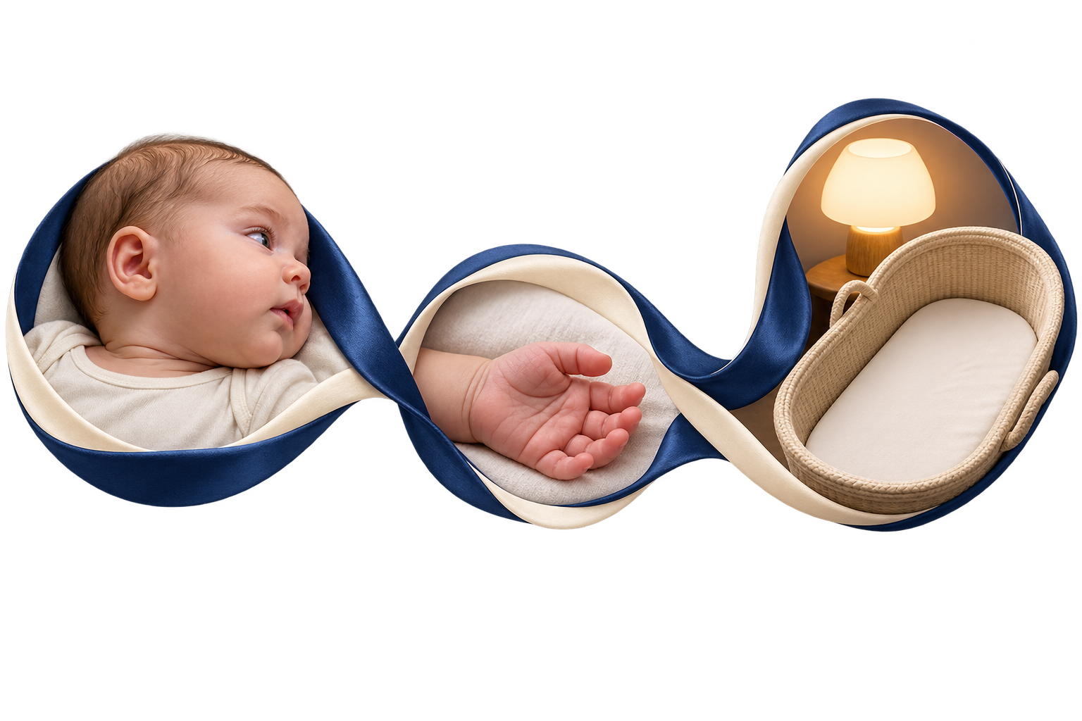 Editorial rail showing a turned gaze, relaxed hand, and empty bassinet