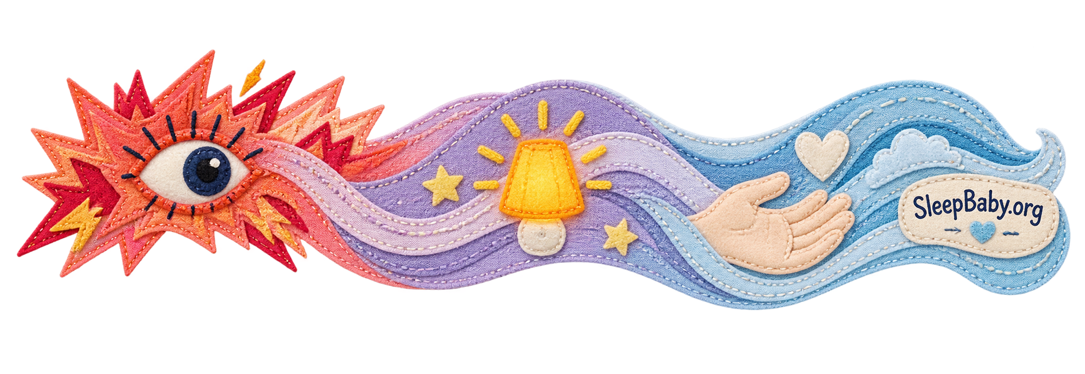 A stitched coral-to-blue wave connects a startled eye, nightlight, and reassuring open hand