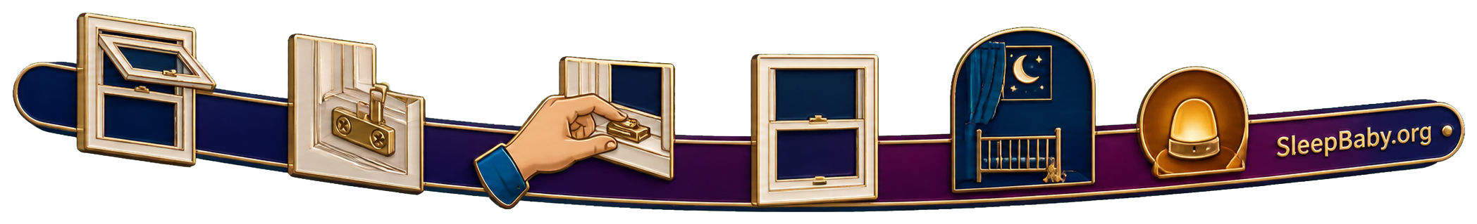 Teaching ribbon showing a limited window opening, a secure stop, an adult latch check, and a crib kept away from the window
