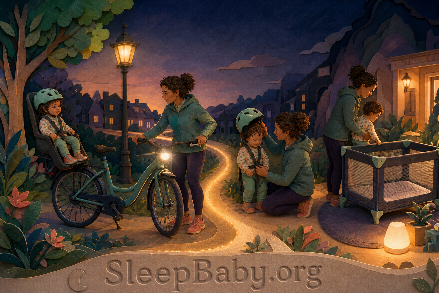 Four-beat dusk route moves from a stationary bike-seat check through unbuckling to a bare playard.