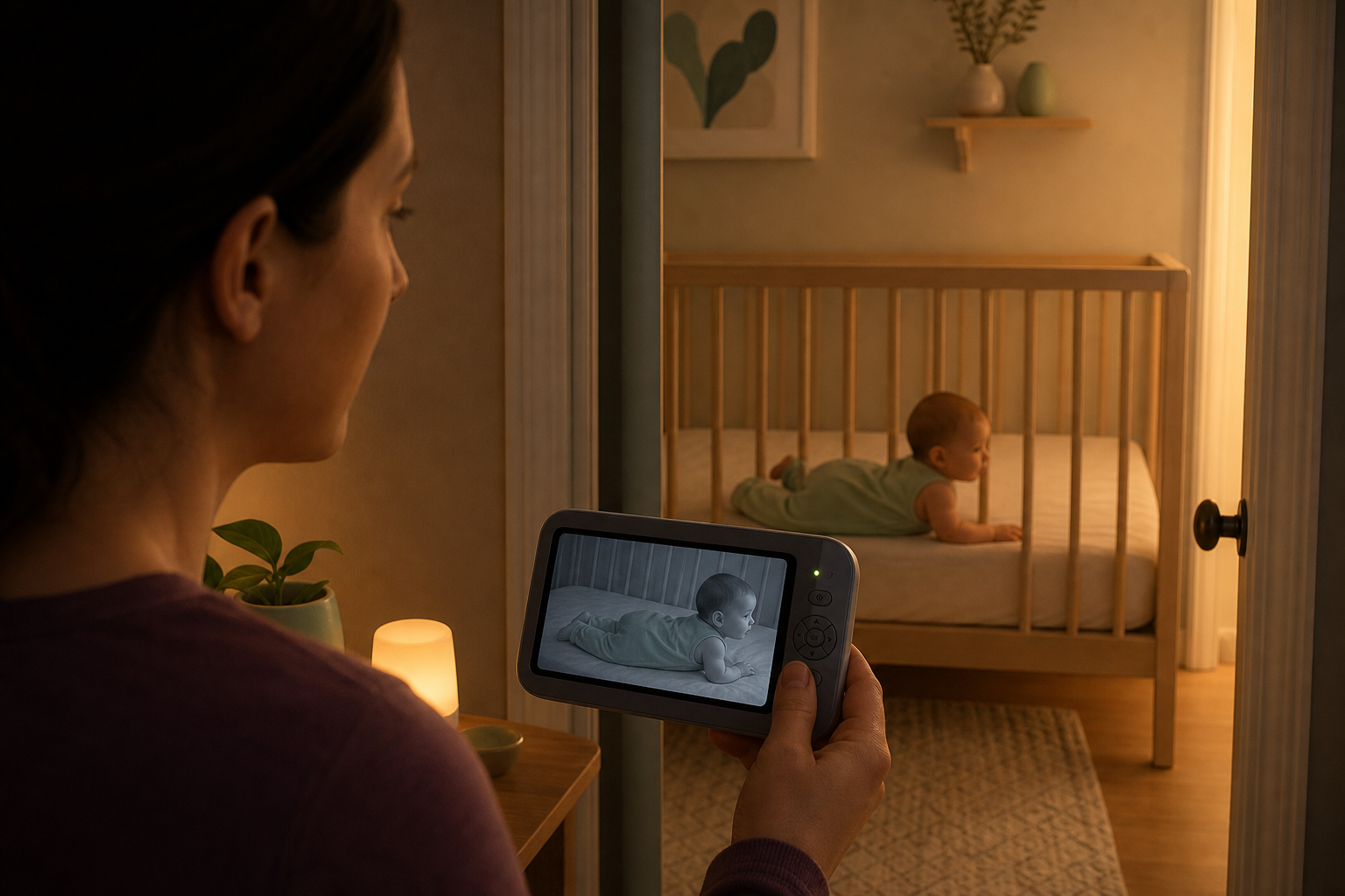 Caregiver checks a nighttime monitor showing a baby who rolled onto their belly in a firm bare crib