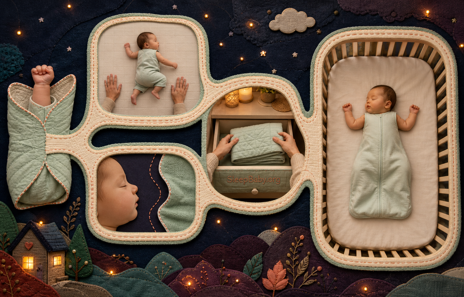 A tactile stitched path links a freed fist, an observed turning attempt, clear fabric-to-face space, a folded swaddle, and an arms-free bare crib.