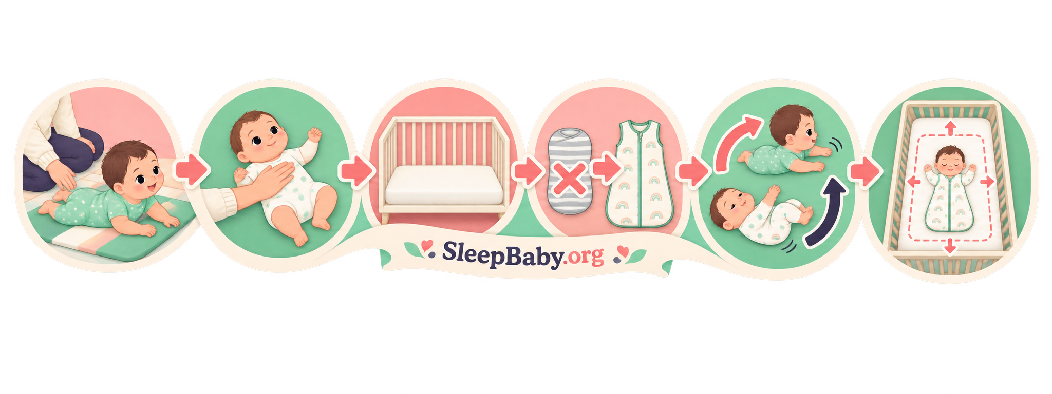 SleepBaby teaching rail showing rolling practice, swaddle removal, and a clear empty crib