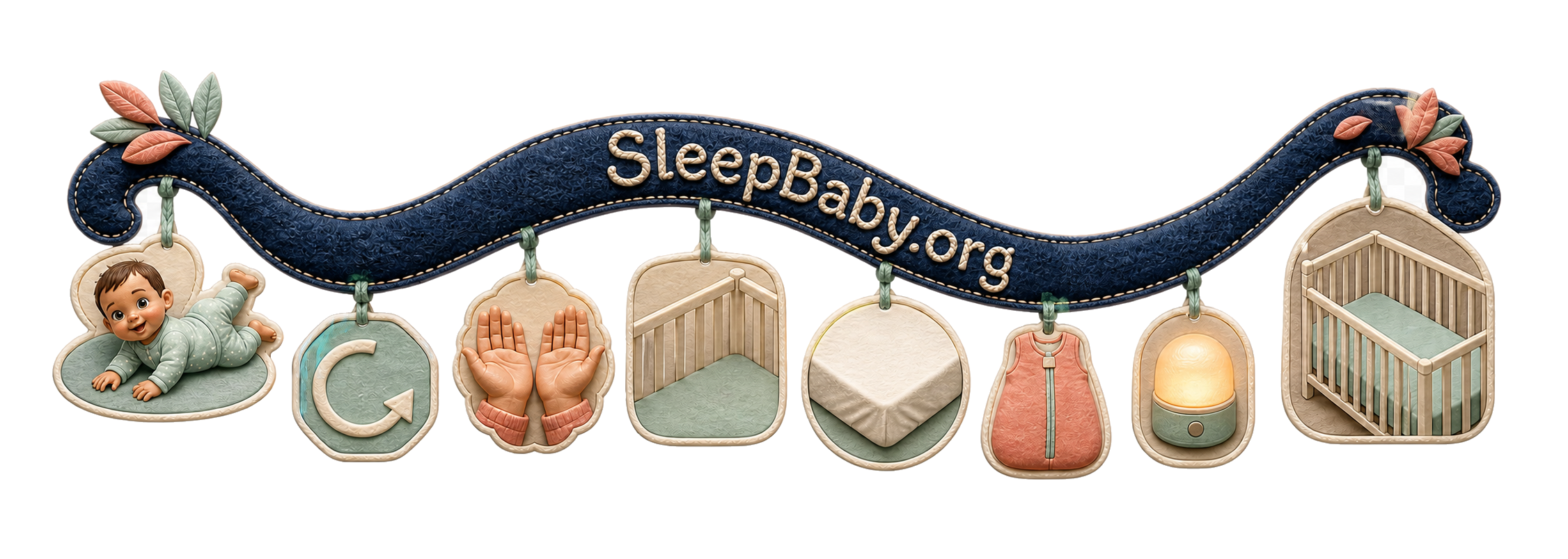 Indigo rolling rail links awake floor movement, caregiver hands, bare crib, fitted sheet, sleep sack, and nightlight.