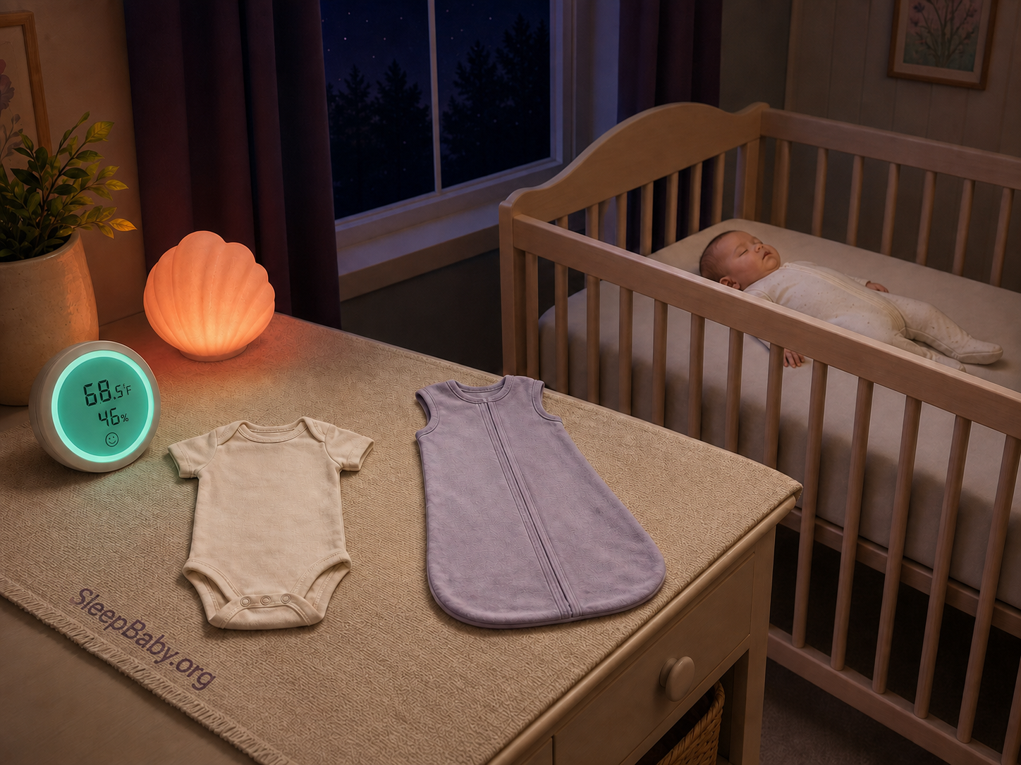 Glowing room sensor, lightweight onesie, and nonweighted wearable blanket sit outside a bare crib where a baby sleeps safely