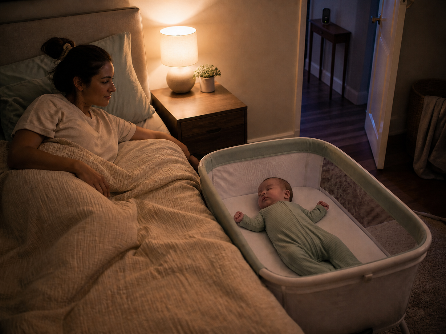 Parent and baby room-share safely while the monitor remains outside the bedroom.