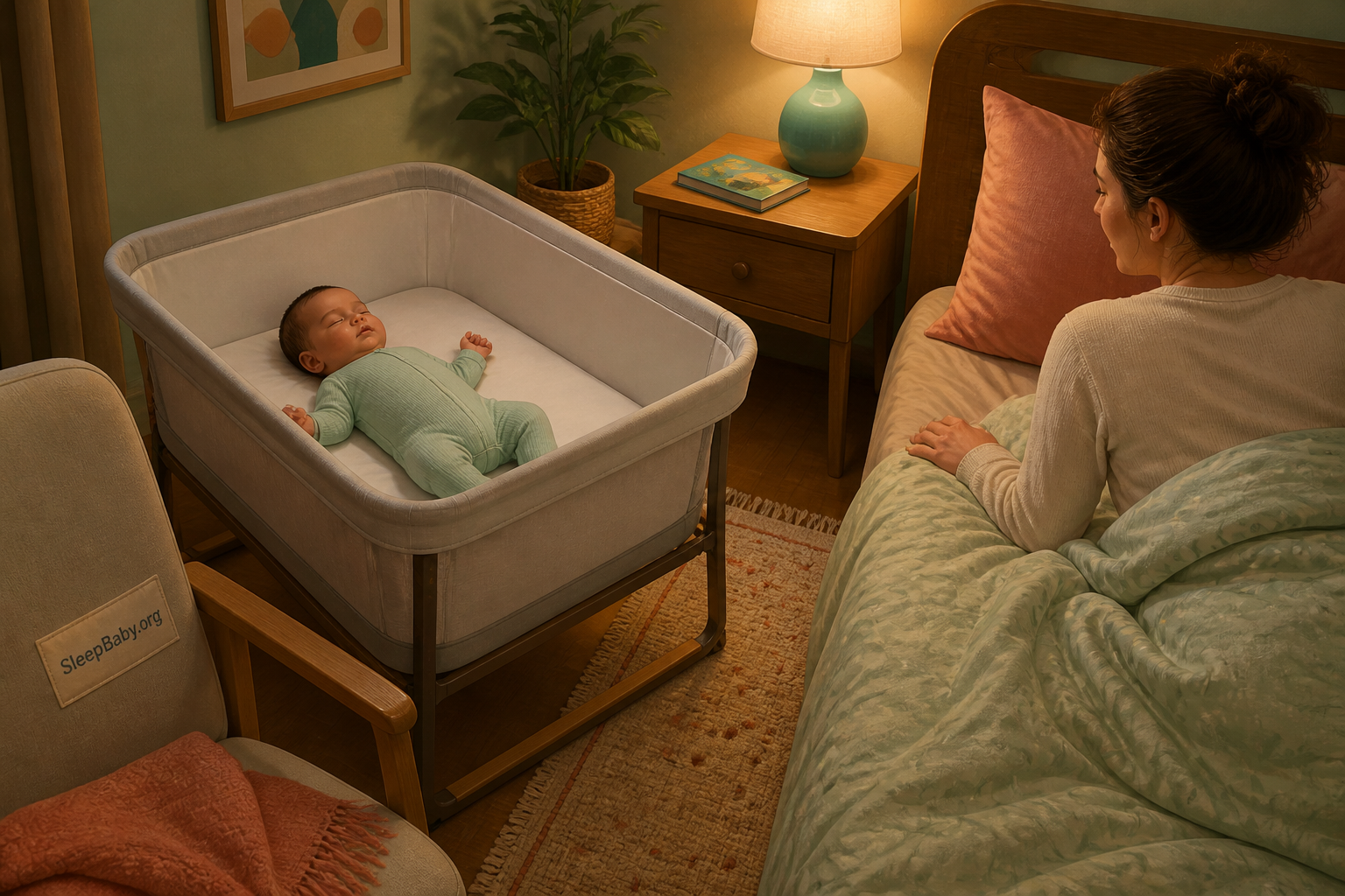 A baby sleeping on their back in a bare bedside bassinet beside, but clearly separate from, an adult bed