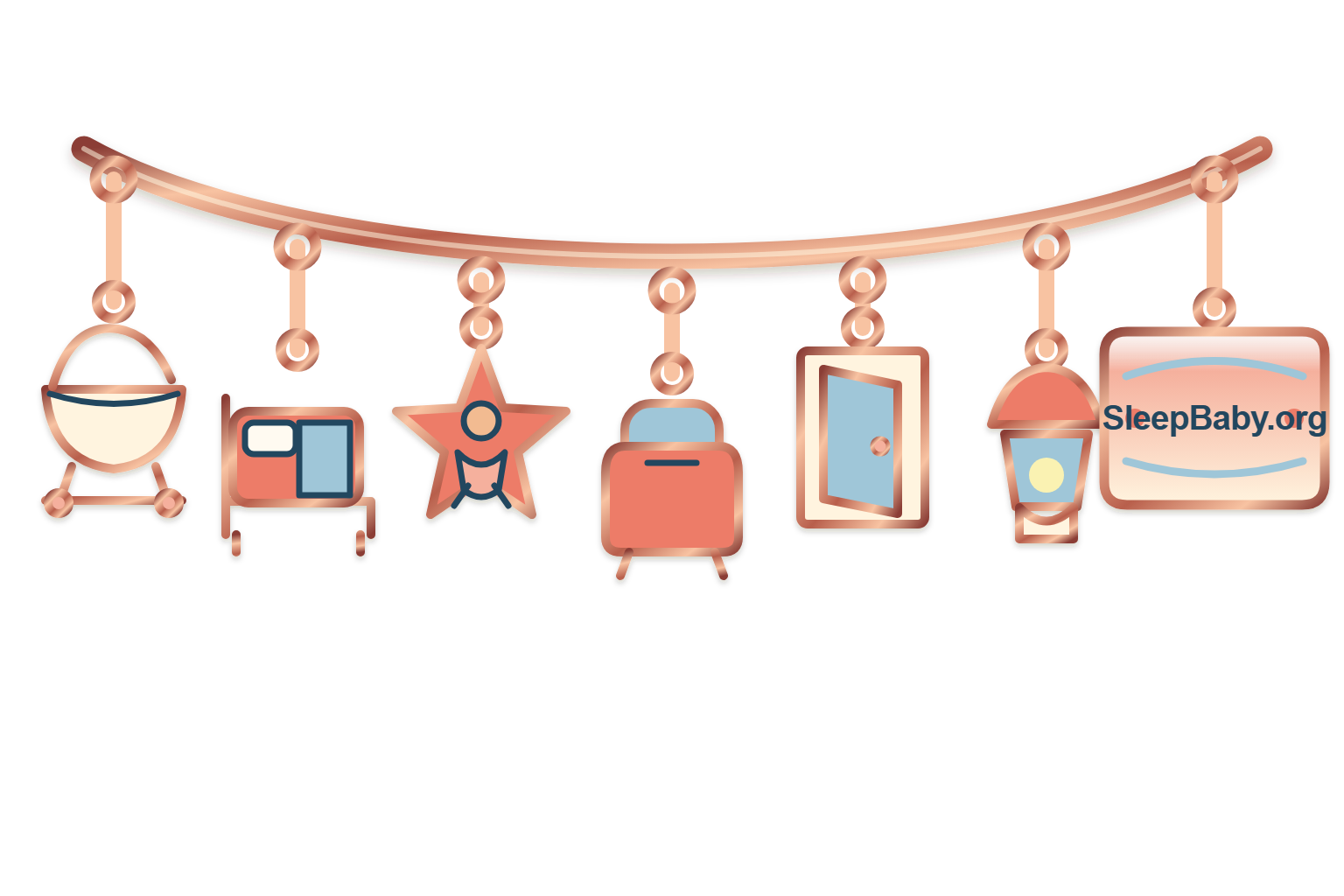 A jewelry-like charm strand with a bedside bassinet, separate adult bed, back-sleep star, feeding chair, and open doorway