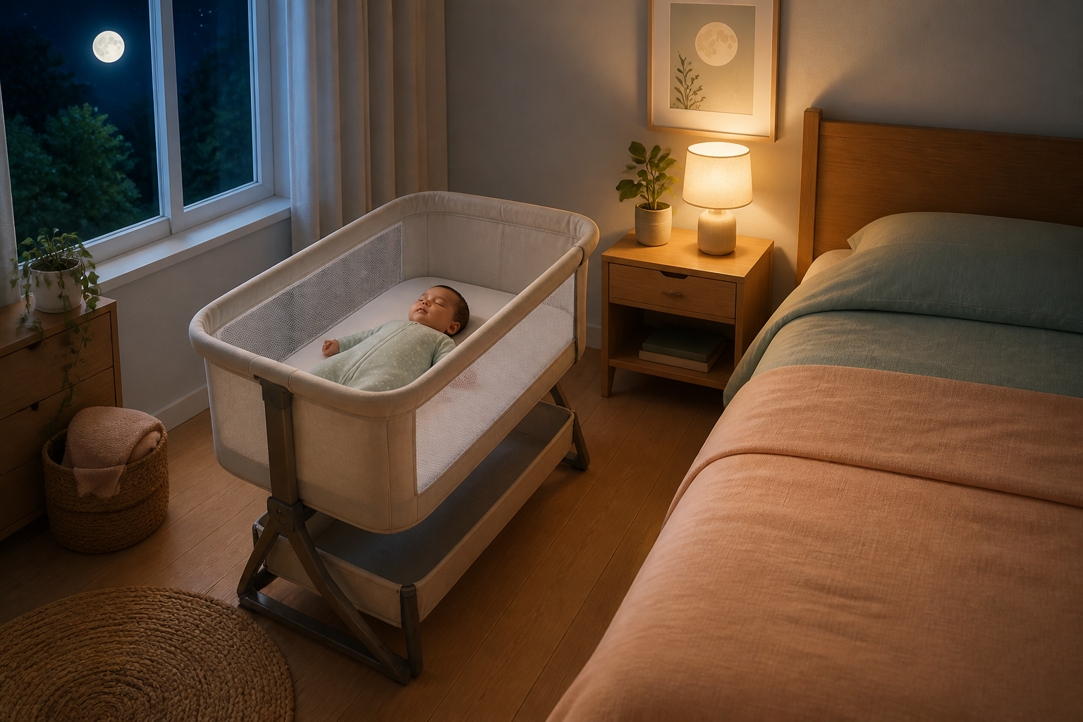 Baby sleeps on the back in a bare bedside bassinet separated from an adult bed in a softly lit bedroom
