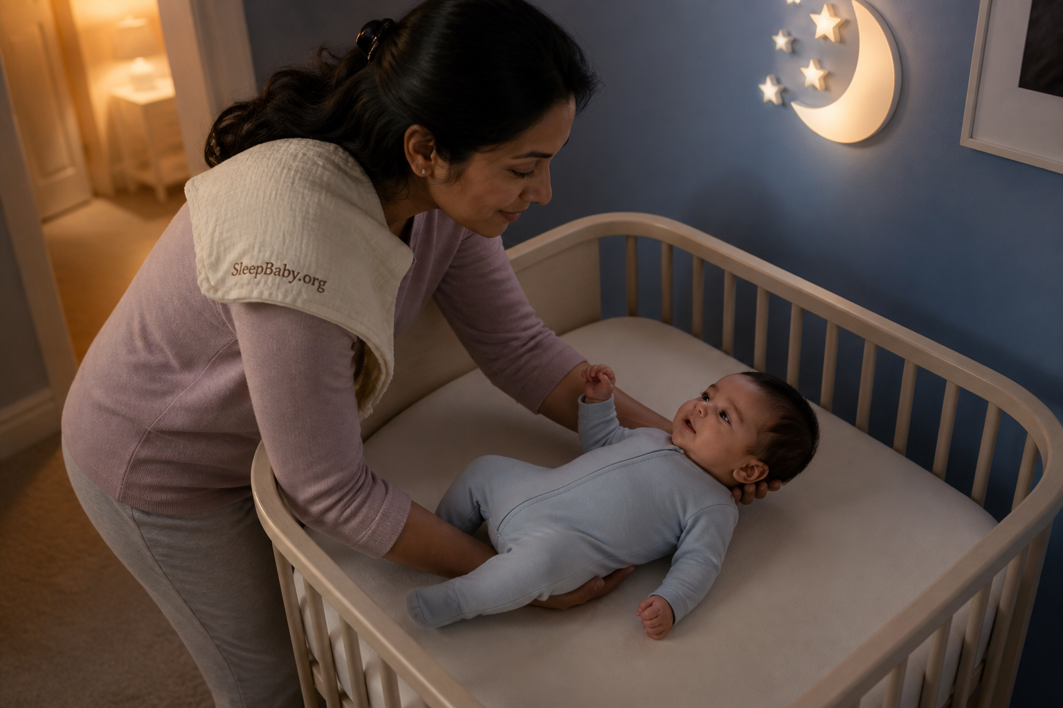 Caregiver lowers a calm baby onto the back in a firm, flat, empty bassinet after feeding.