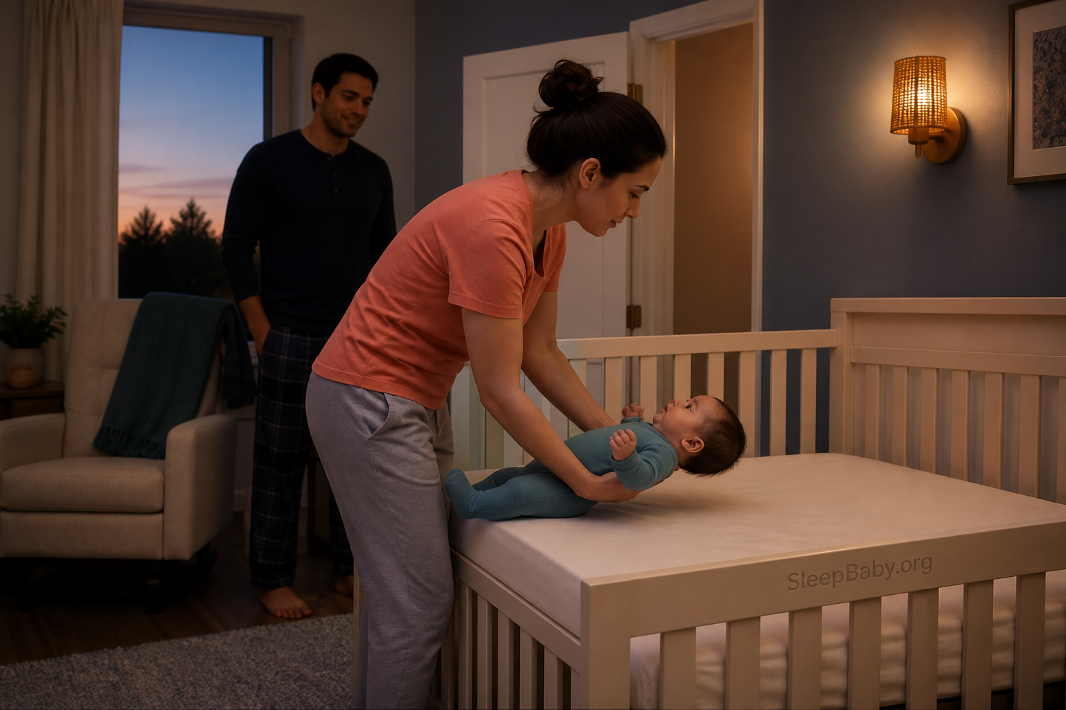 Awake caregiver lowering a five-month-old onto the back in a bare crib for a dusk bridge nap