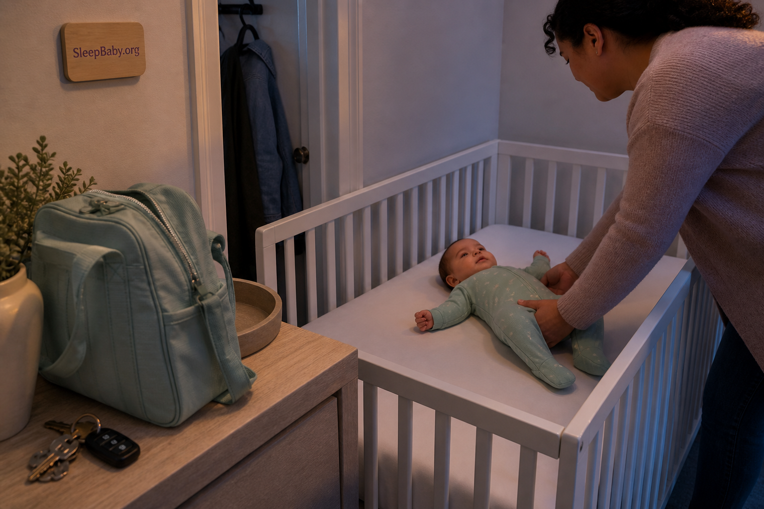 Caregiver placing a baby on their back in a clear crib after coming home from dinner, with car keys and a diaper bag nearby.