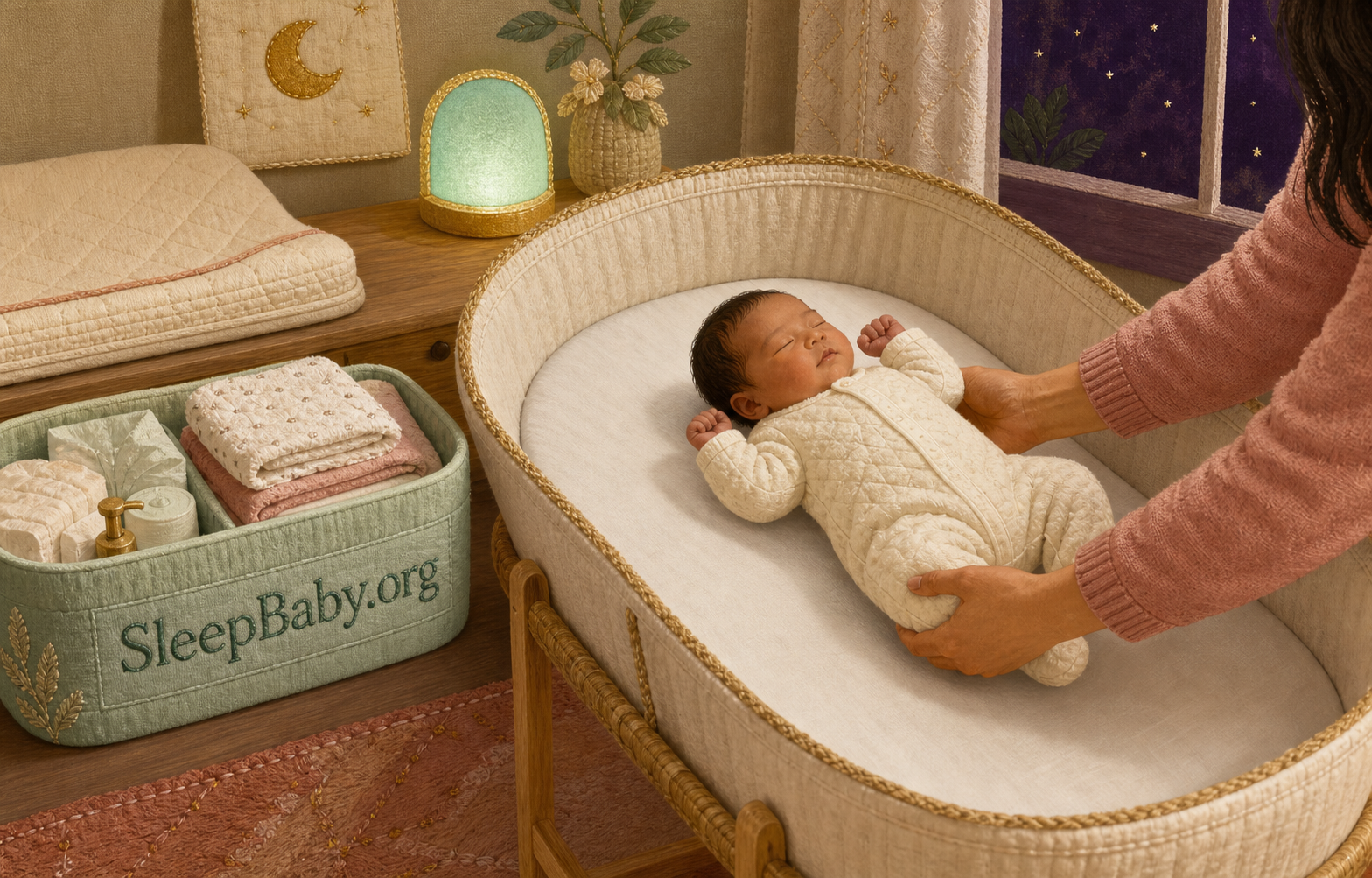 Parent places a fully clothed newborn on the back in an empty bassinet beside a mint aftercare supply caddy