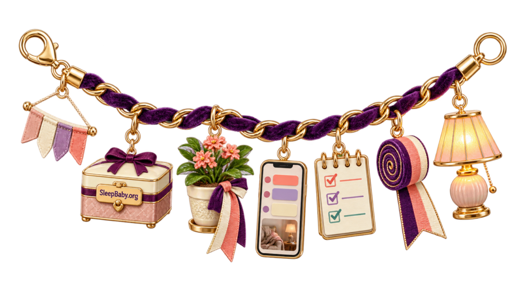A plum velvet charm strand shows a reusable pennant banner, keepsake box, potted reveal flower, captioned phone, checklist, fabric ribbon and bedside lamp.