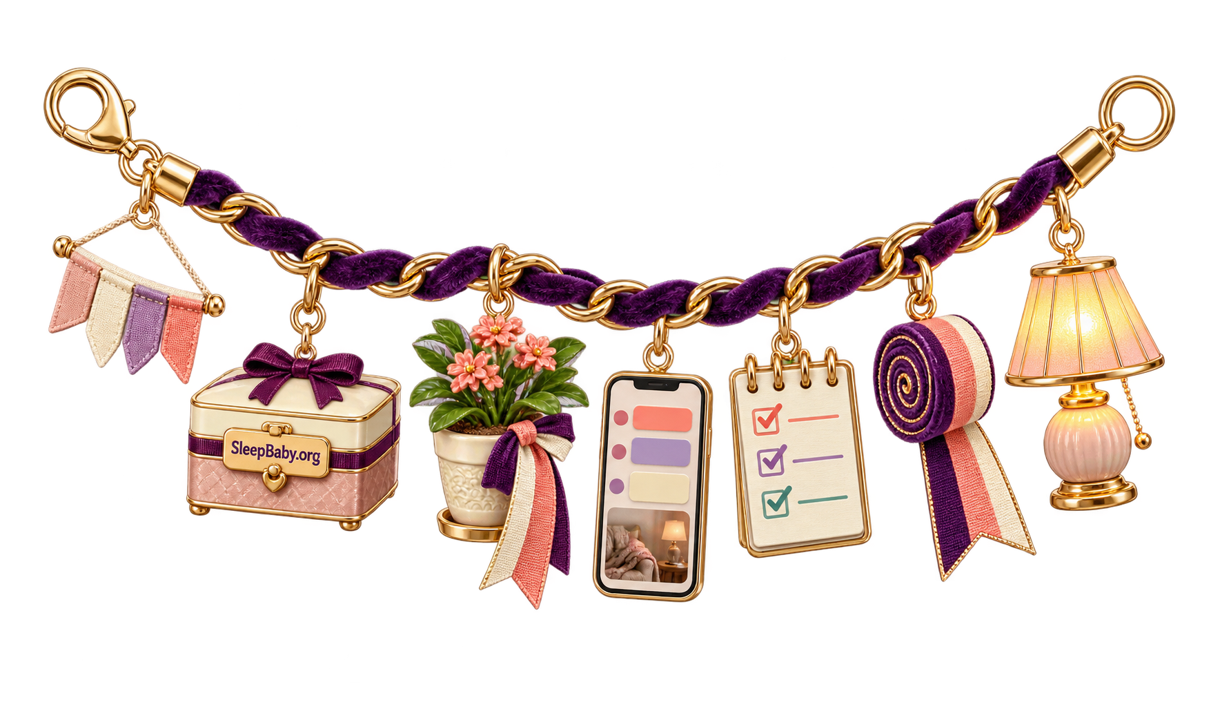 A plum velvet charm strand shows a reusable pennant banner, keepsake box, potted reveal flower, captioned phone, checklist, fabric ribbon and bedside lamp.