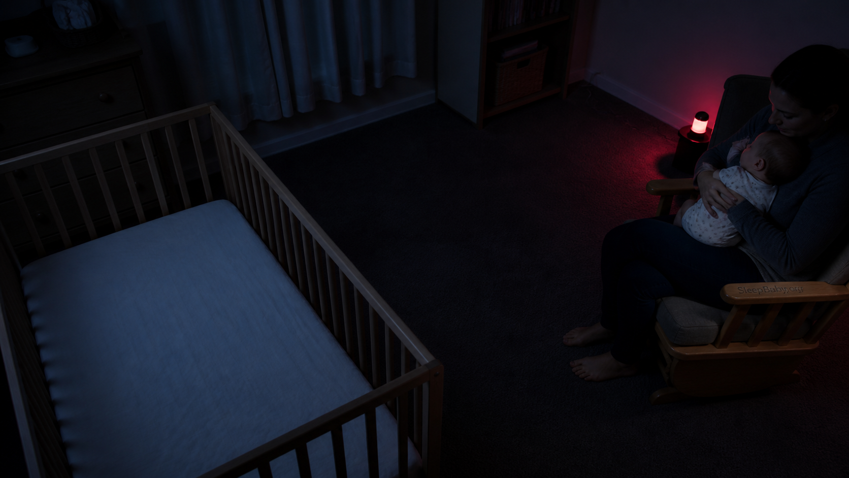 Wide night nursery with an empty crib separated by a clear path from a caregiver chair and small floor-directed red light